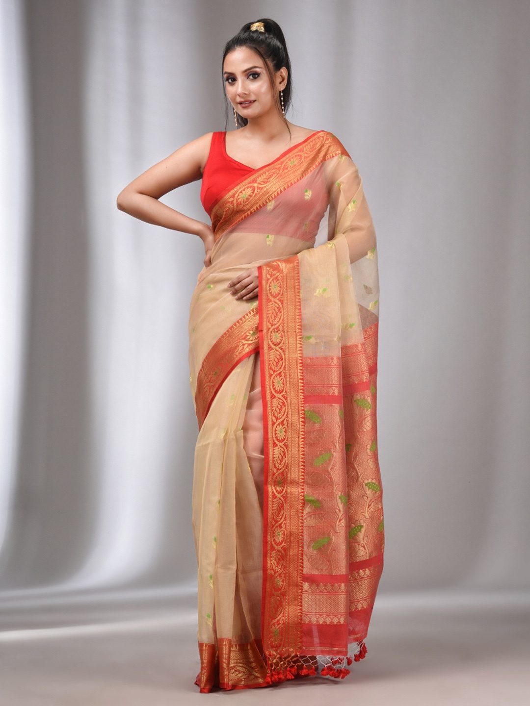 

Charukriti Ethnic Motifs Woven Design Zari Pure Silk Saree, Beige