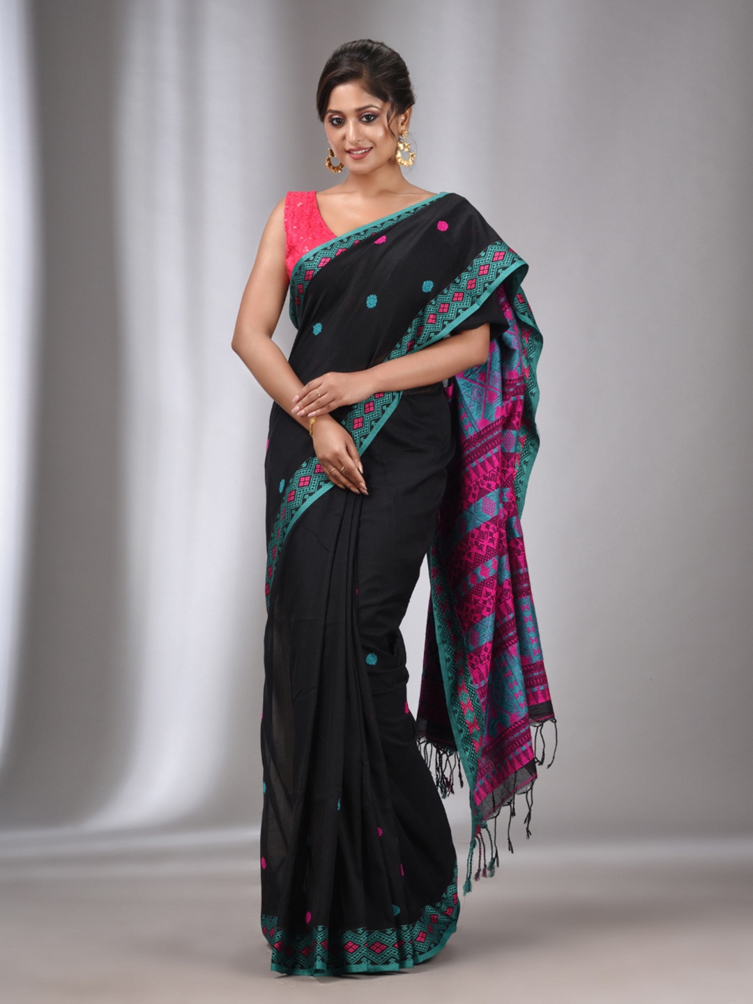 

Charukriti Ethnic Motifs Woven Design Zari pure Cotton Saree, Black