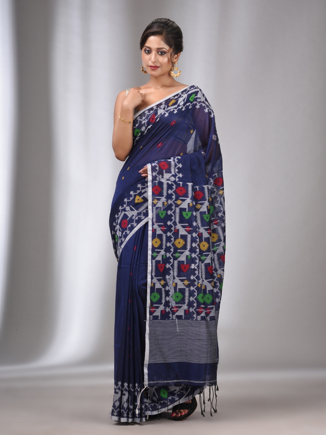 

Charukriti Ethnic Motifs Woven Design Pure Cotton Saree, Navy blue