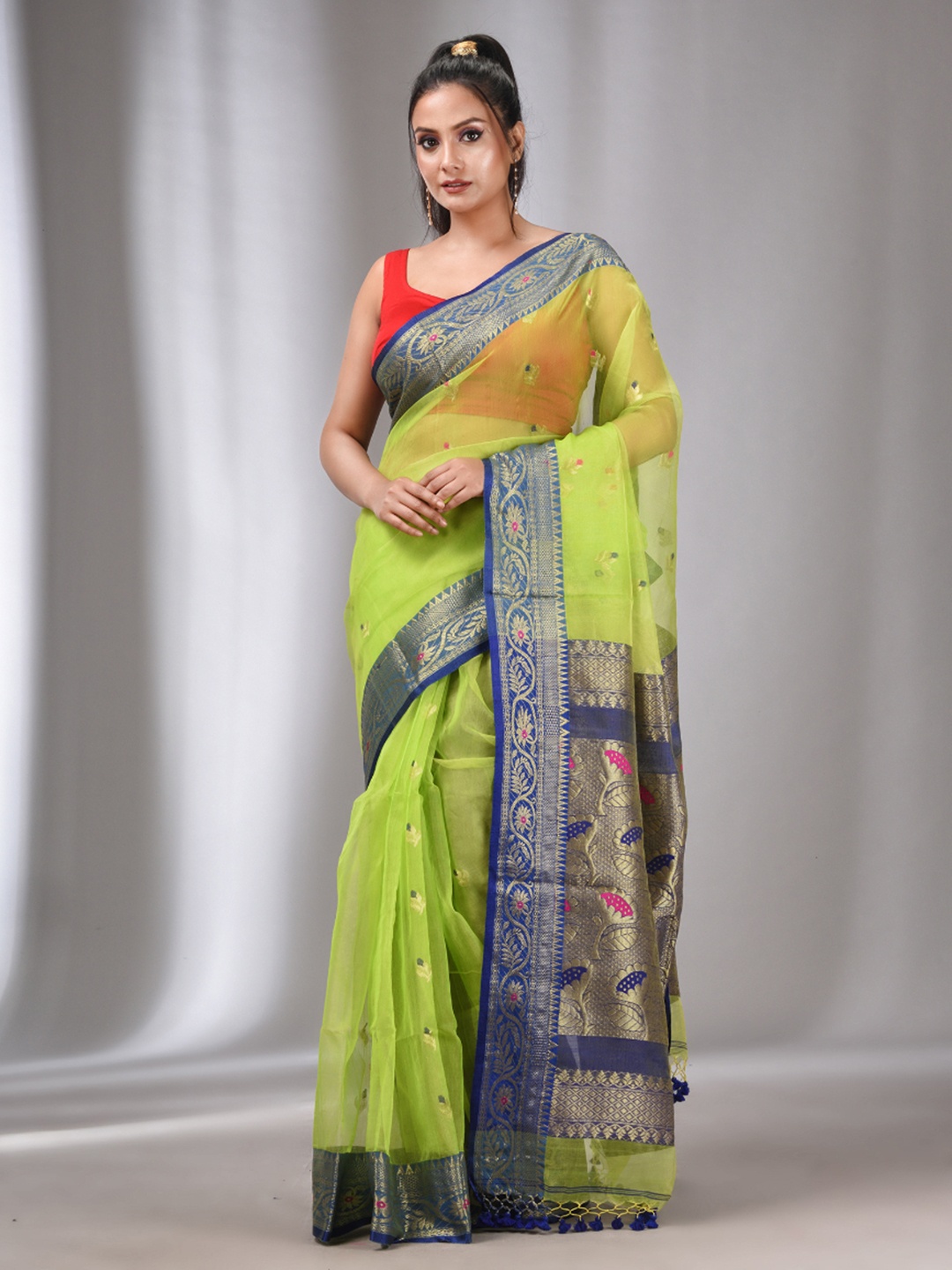 

Charukriti Ethnic Motif Woven Design Zari Pure Silk Saree, Green