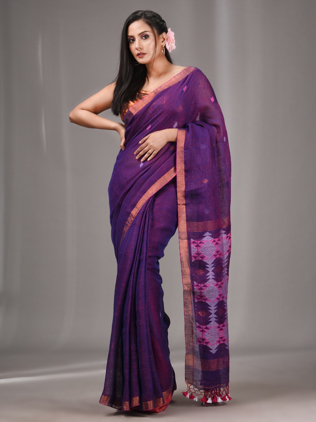 

Charukriti Ethnic Motifs Woven Design Zari Pure Linen Saree, Purple