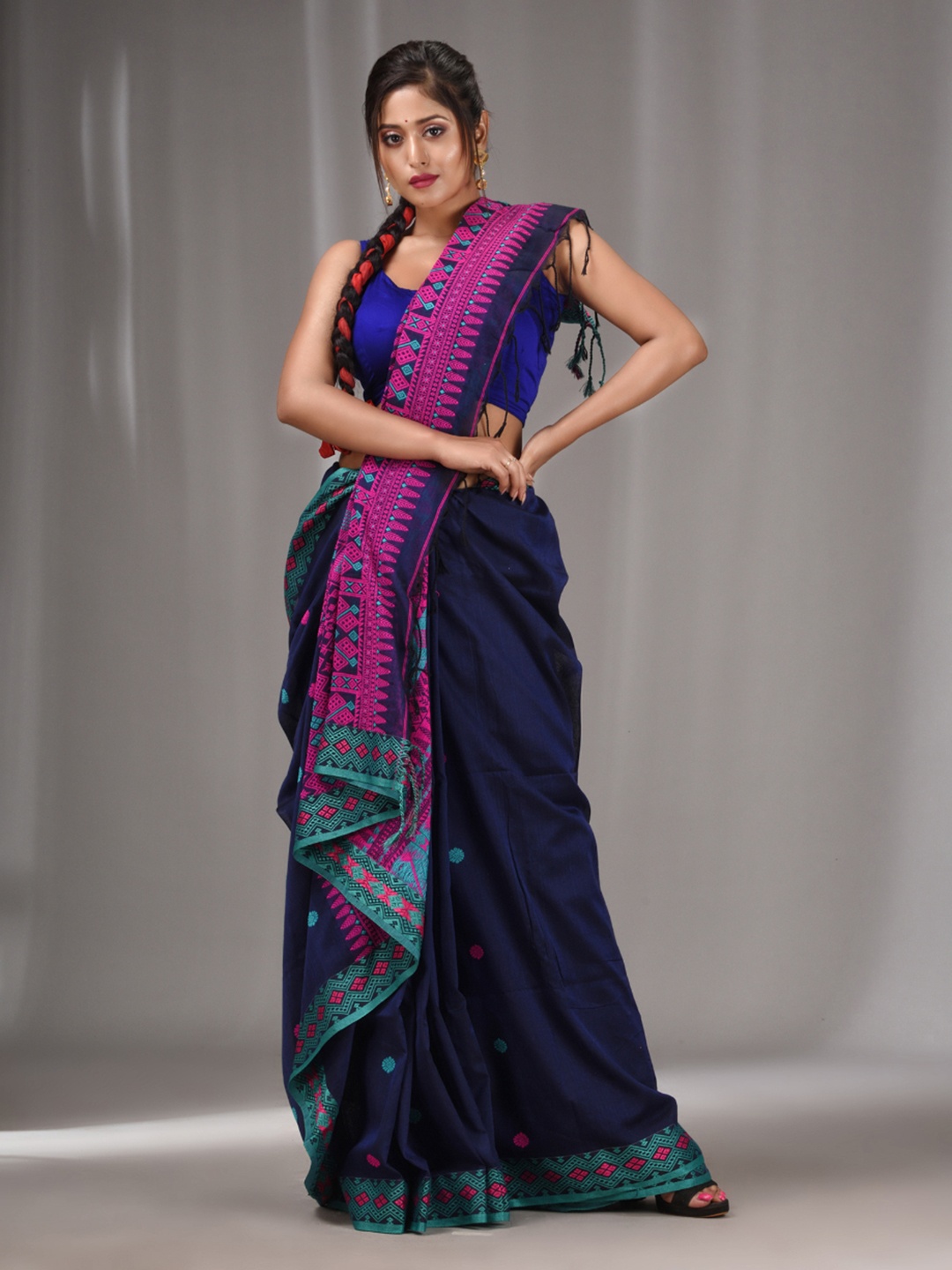 

Charukriti Ethnic Motifs Woven Design Zari Pure Cotton Saree, Navy blue