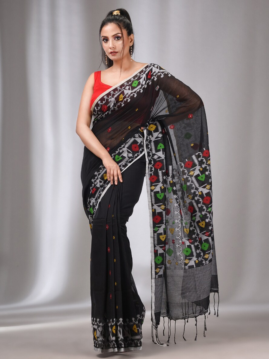 

Charukriti Ethnic Motifs Woven Design Pure Cotton Saree, Black