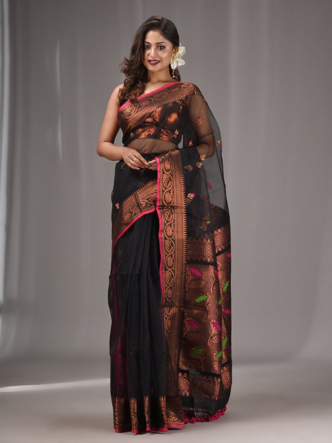 

Charukriti Ethnic Motifs Woven Design Zari Pure Silk Saree, Black