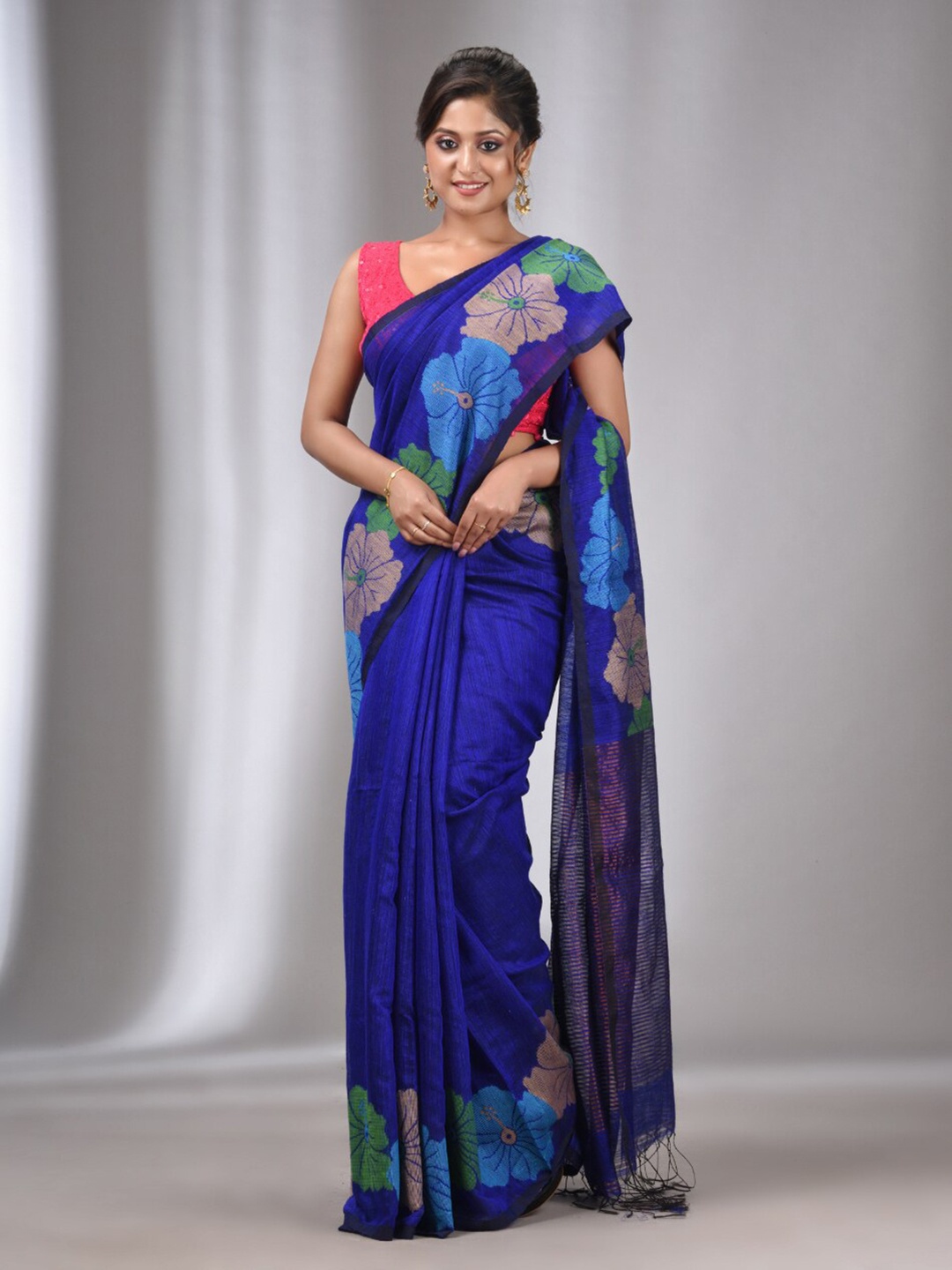

Charukriti Printed Bordered Tasseled Pure Silk Saree, Blue