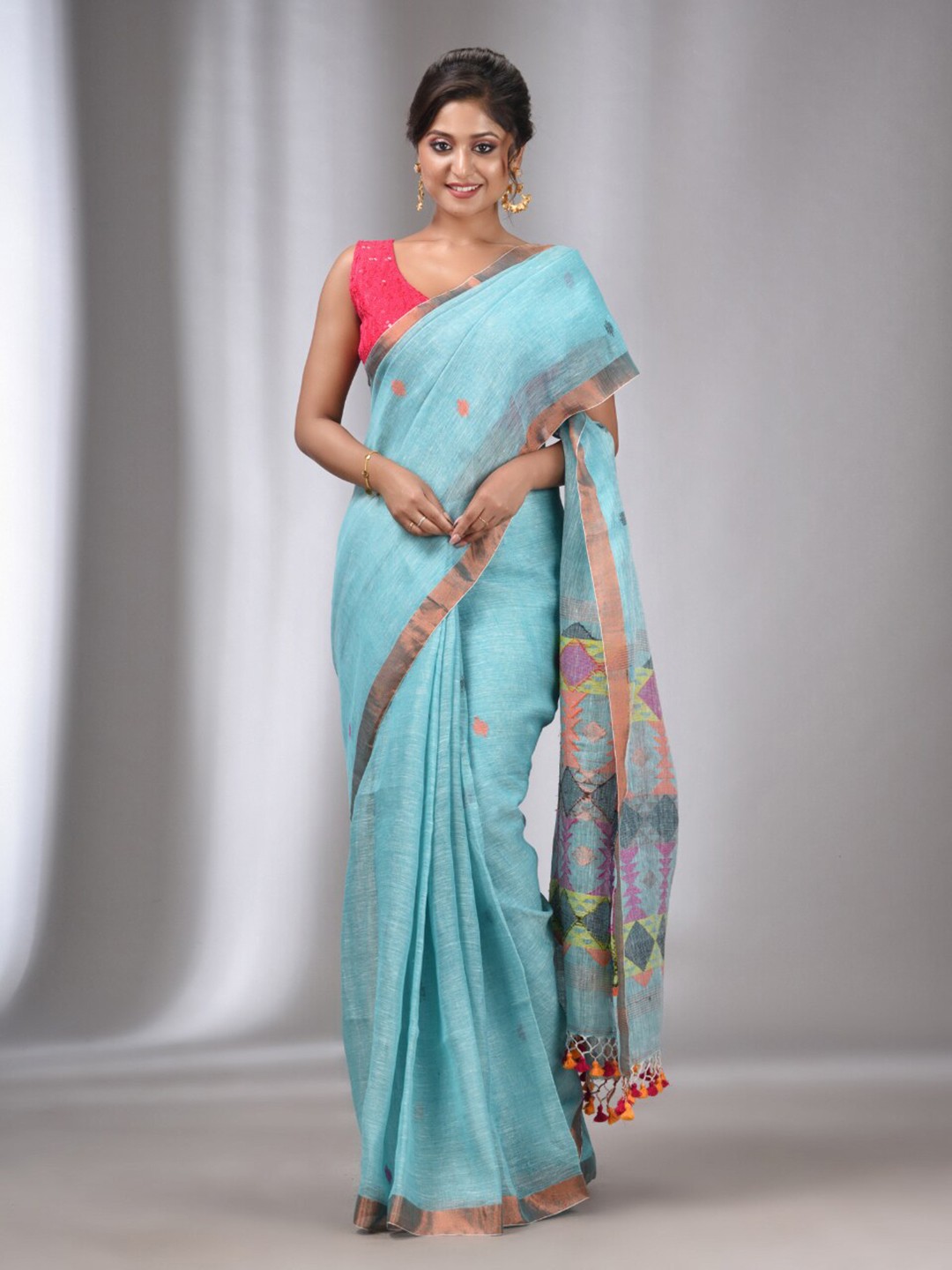 

Charukriti Ethnic Motifs Woven Design Zari Pure Linen Saree, Blue