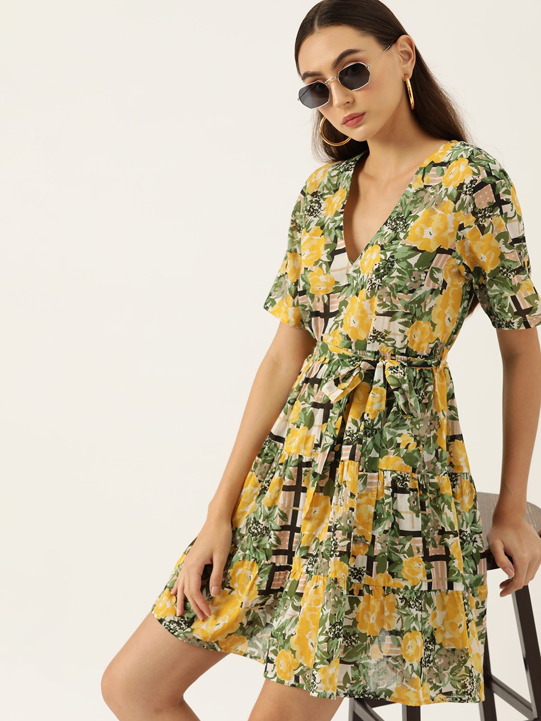

DressBerry Floral Print Pure Cotton A-Line Dress with Belt, Multi