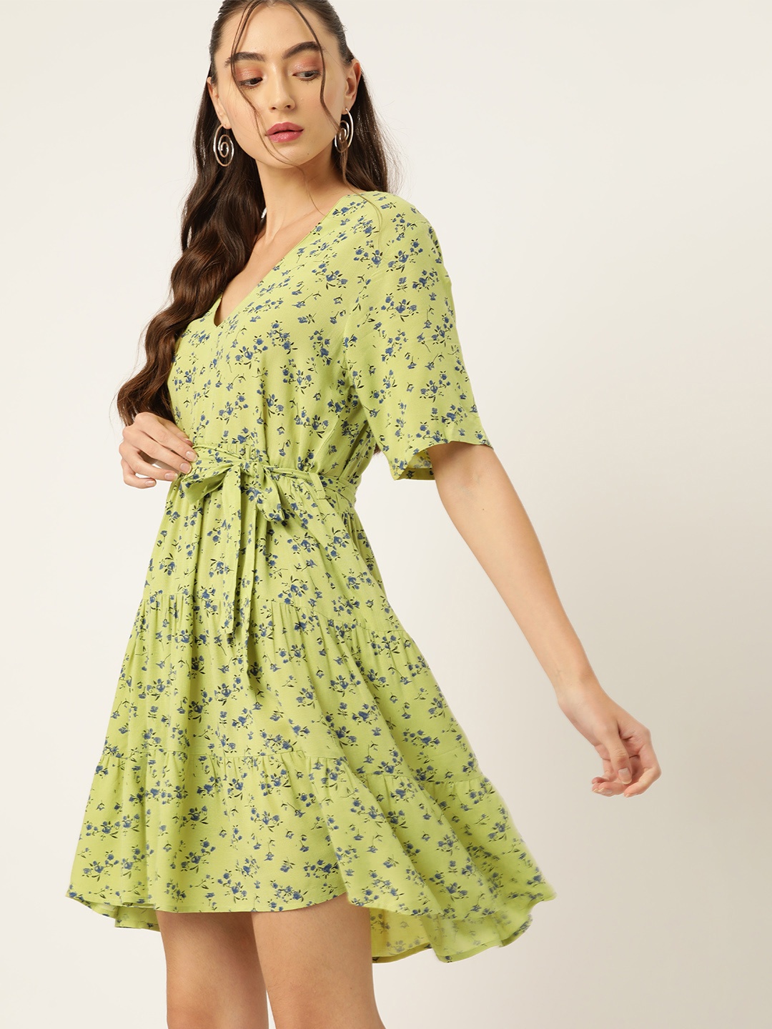 

DressBerry Floral Print A-Line Dress with Belt, Green