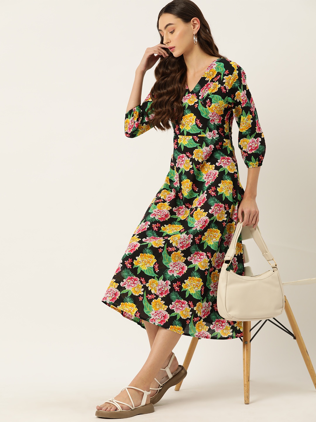 

DressBerry Floral Print Puff Sleeves Pure Cotton Empire Midi Dress, Black