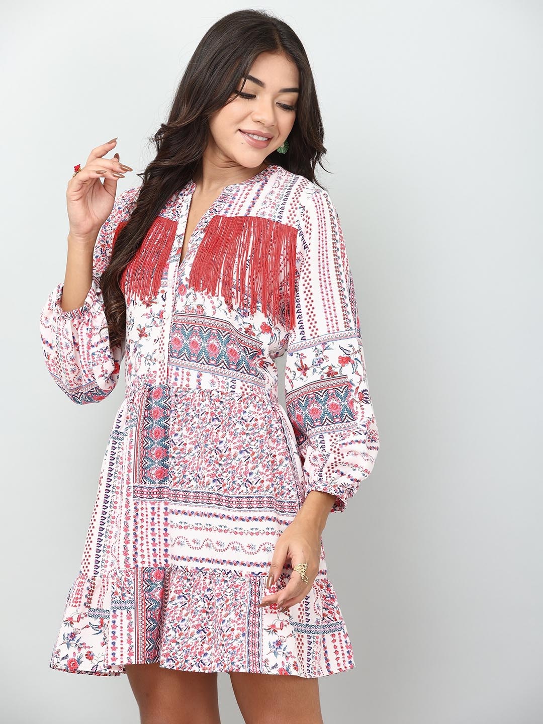 

TSM White Ethnic Motifs Printed Mandarin Collar Fringed A-Line Dress