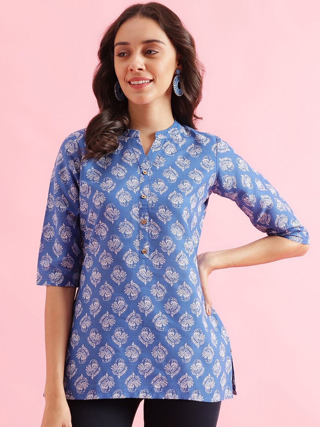 

Colors of Earth Ethnic Motifs Printed Mandarin Collar Straight Kurti, Blue