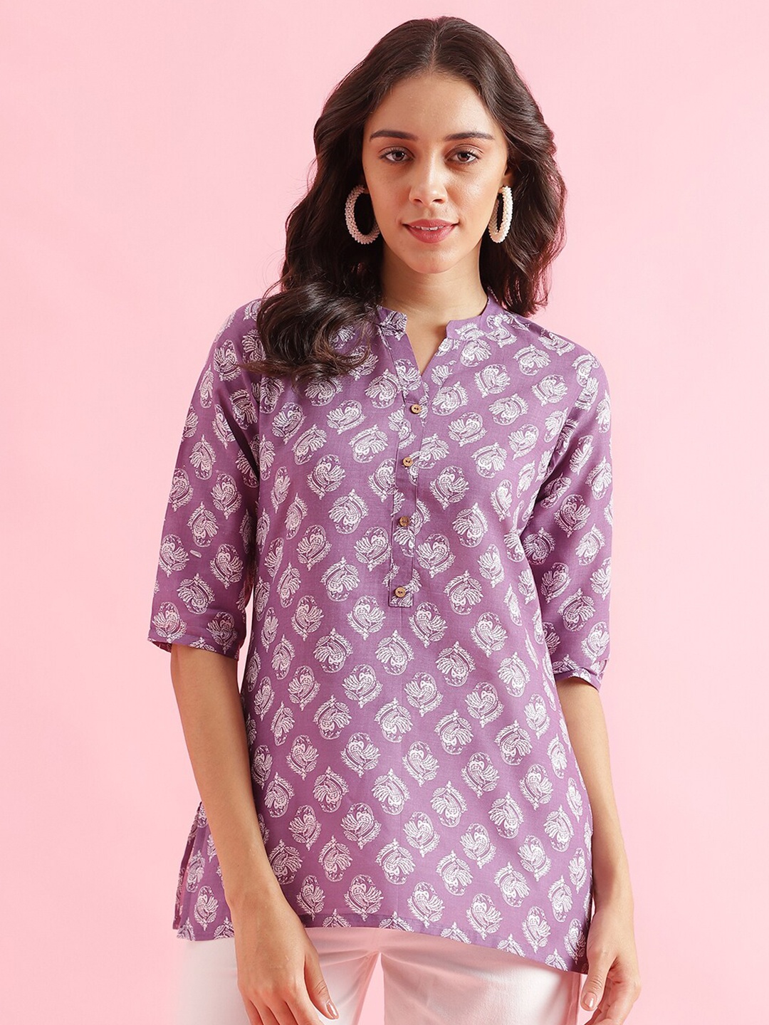 

Colors of Earth Ethnic Motifs Printed Mandarin Collar Straight Kurti, Lavender