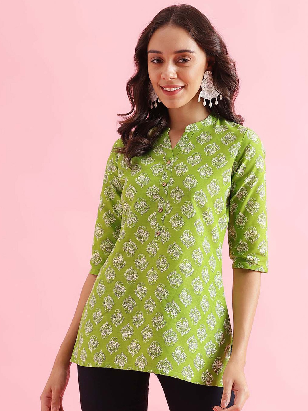

Colors of Earth Ethnic Motif Printed Mandarin Collar Kurti, Green