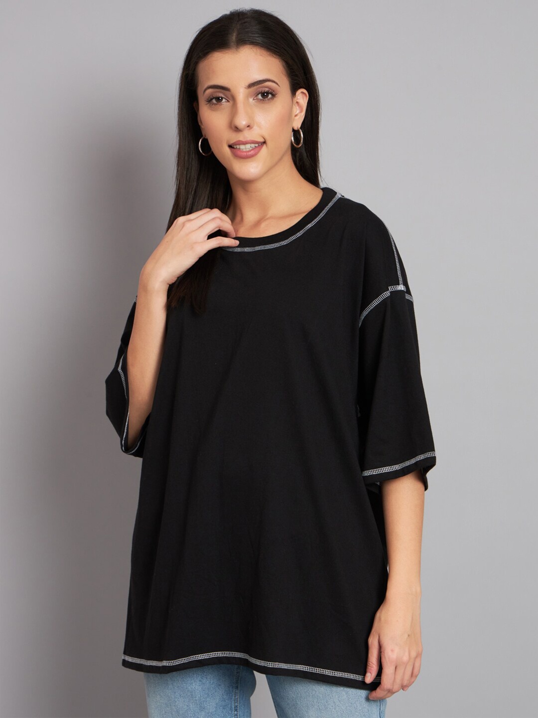 

Imsa Moda Cotton Drop-Shoulder Sleeves Oversized T-Shirt, Black