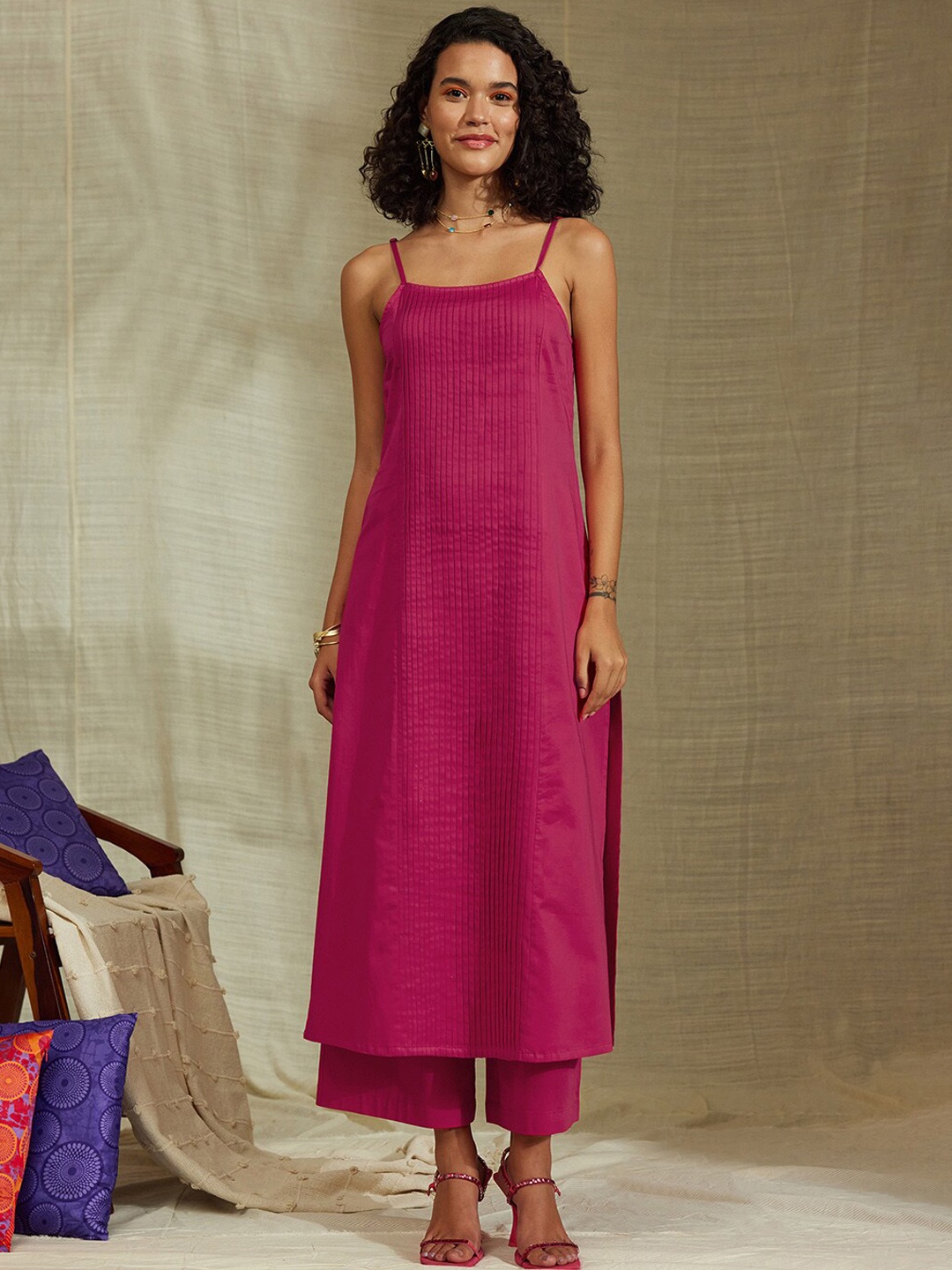 

Pink Fort Shoulder Straps Regular Satin Kurta with Trousers