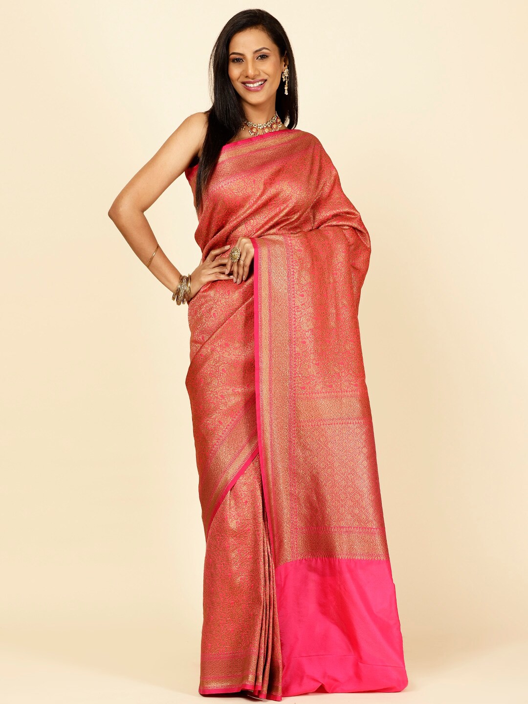 

Meena Bazaar Ethnic Motifs Woven Design Zari Banarasi Saree, Pink