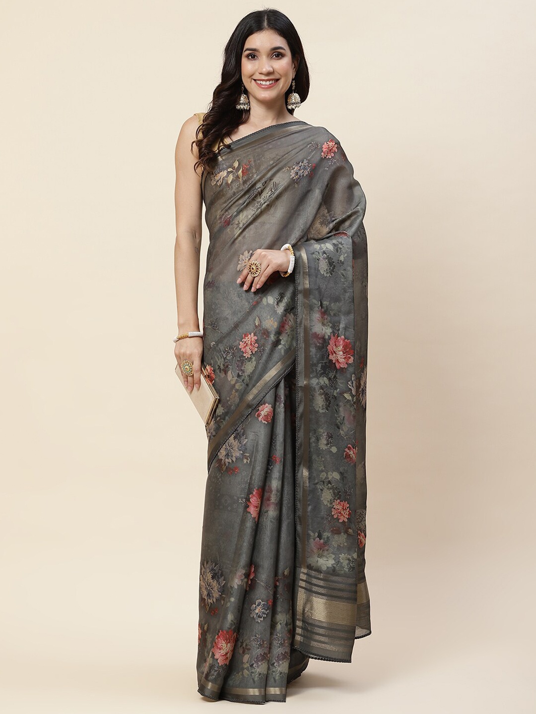 

Meena Bazaar Floral Printed Zari Saree, Grey