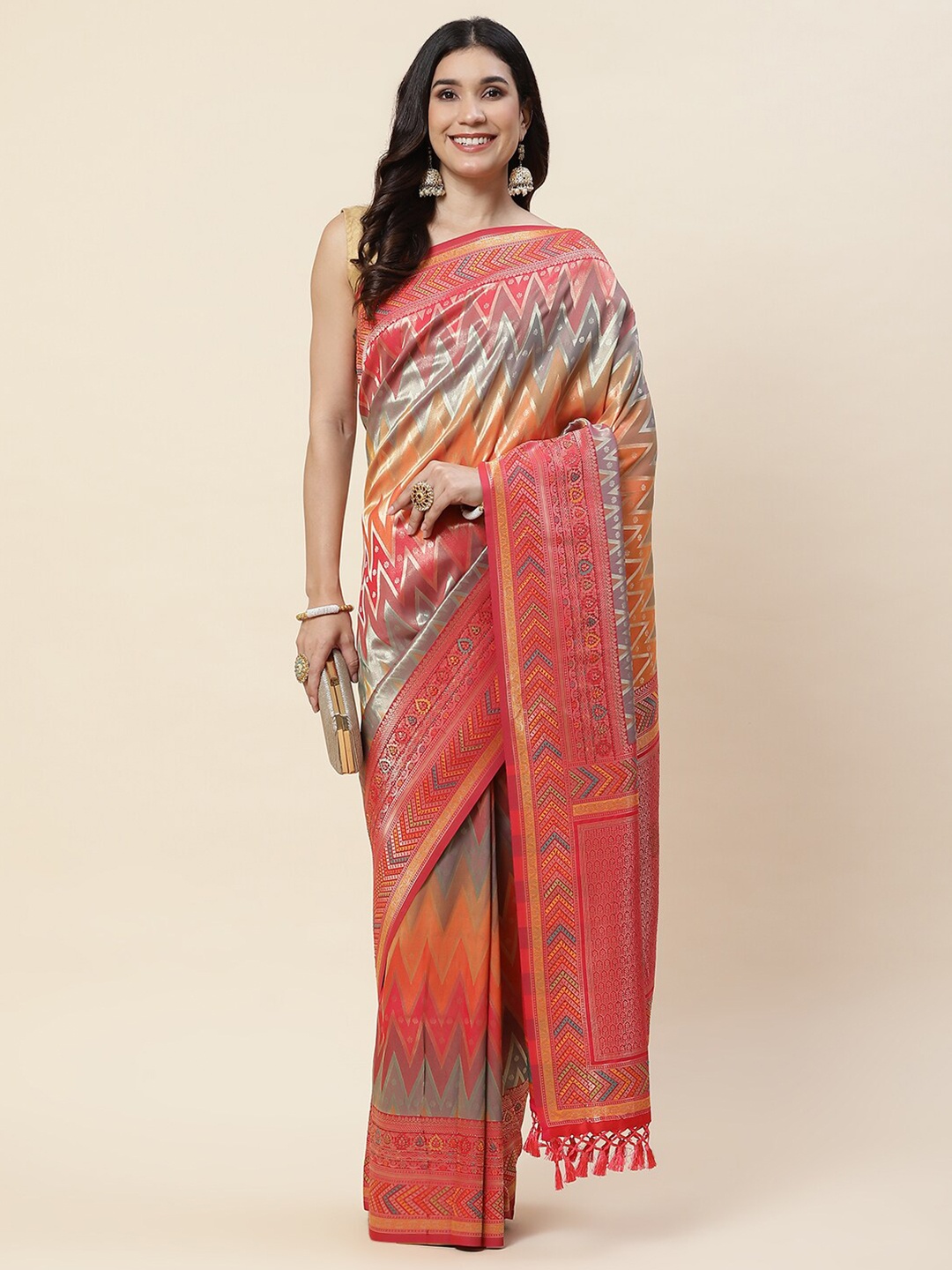 

Meena Bazaar Ethnic Motifs Woven Design Zari Art Silk Banarasi Saree, Orange