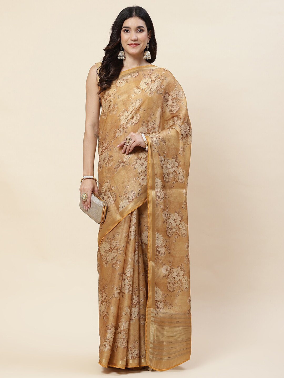 

Meena Bazaar Floral Printed Zari Saree, Mustard