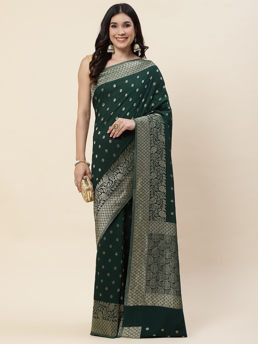

Meena Bazaar Floral Woven Design Zari Tissue Tussar Saree, Green