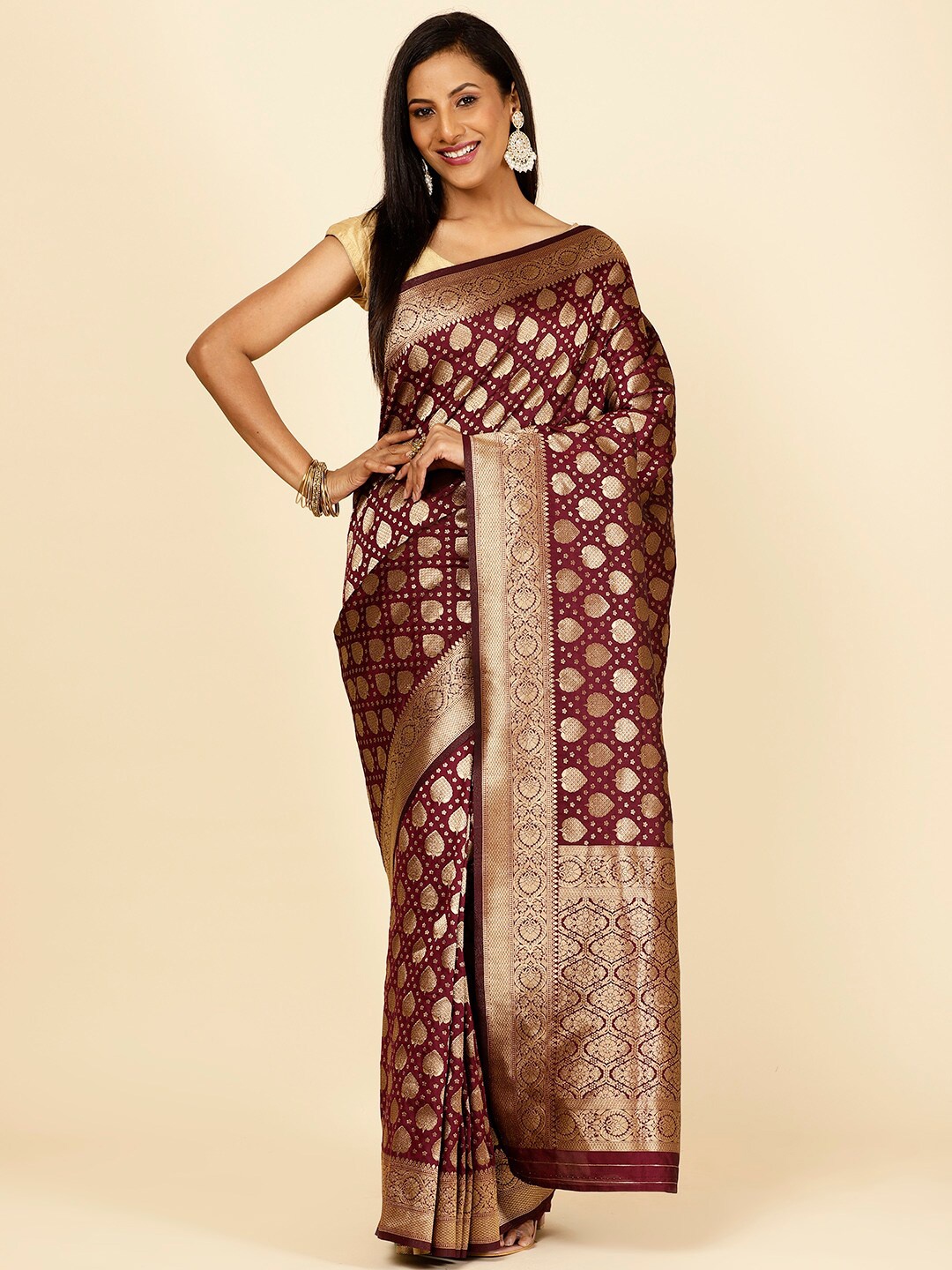 

Meena Bazaar Ethnic Motifs Woven Design Zari Banarasi Saree, Purple