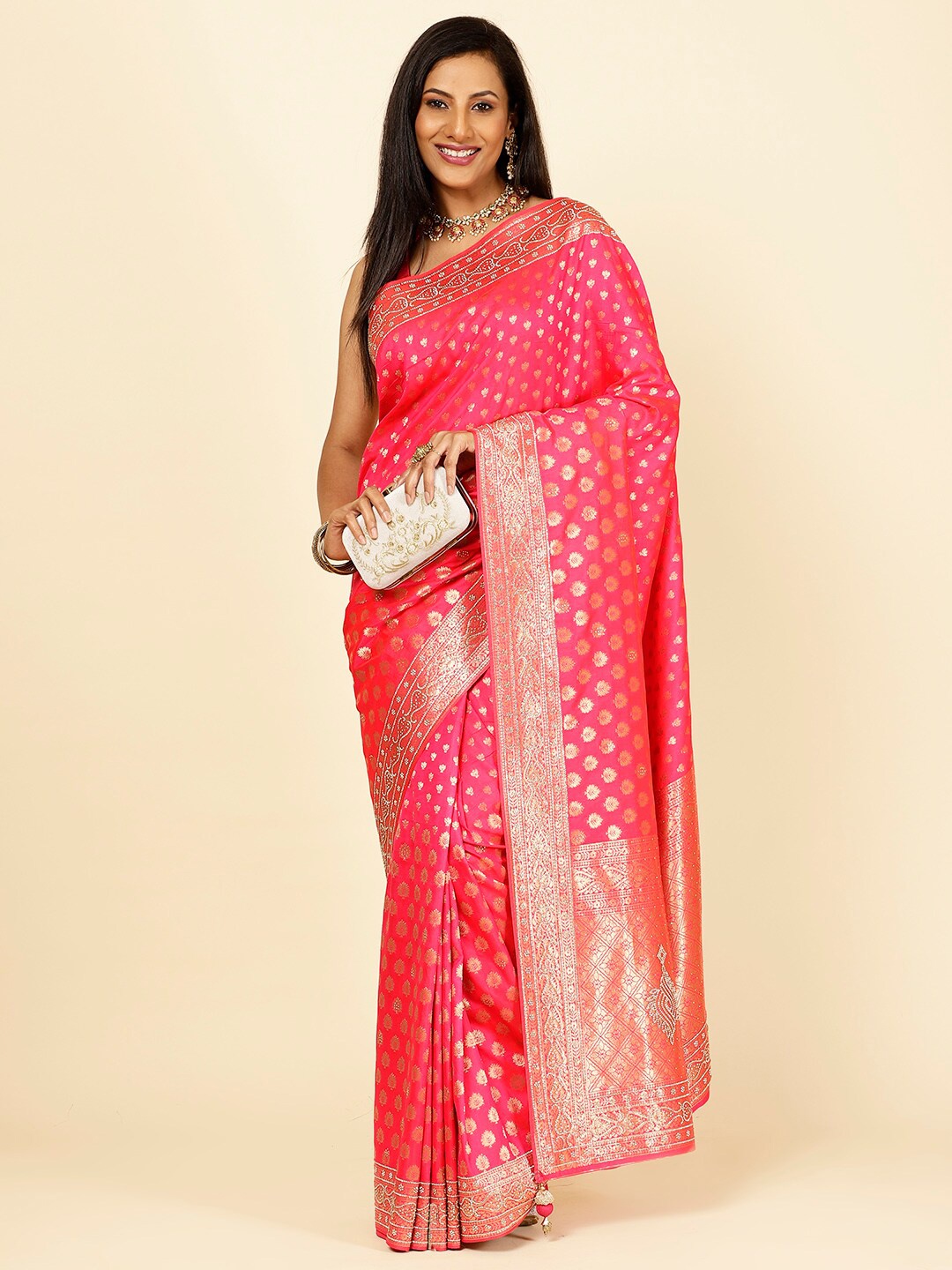 

Meena Bazaar Ethnic Motifs Woven Design Zari Art Silk Banarasi Saree, Pink