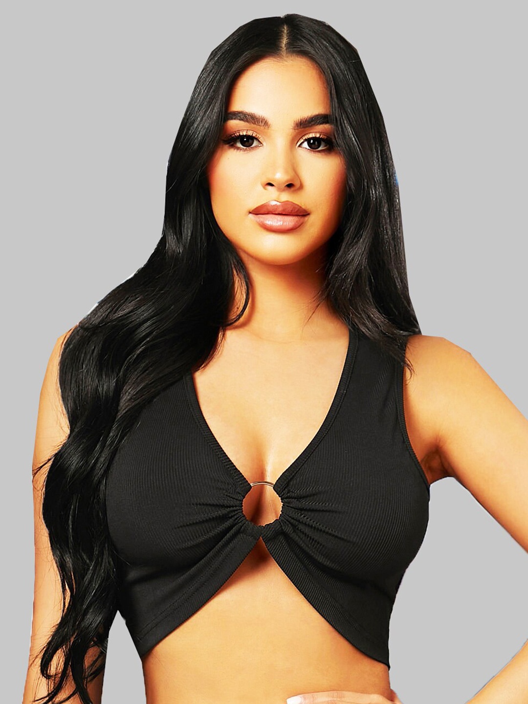

CLAFOUTIS V-Neck Ring Detail Sleeveless Crepe Crop Top, Black