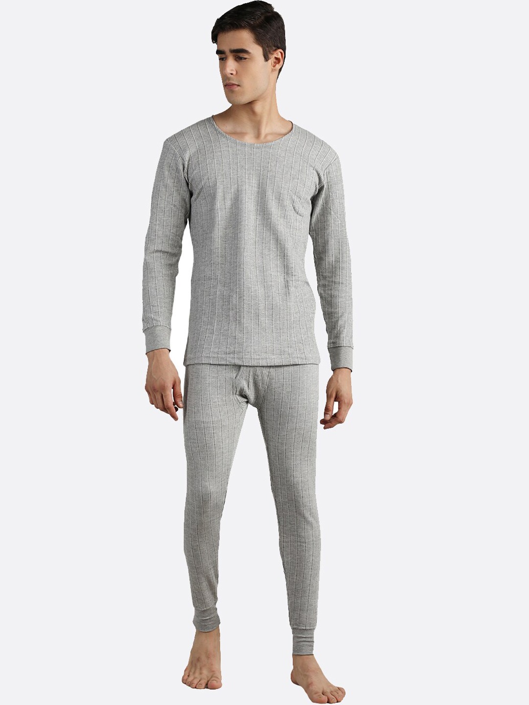 

NEVA Striped Round Neck Cotton Thermal Set, Grey melange