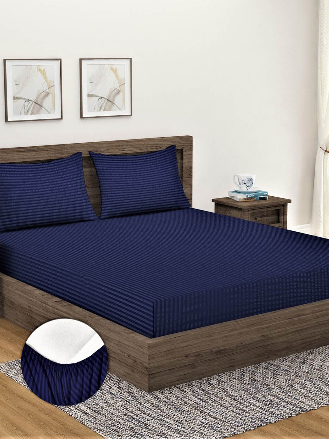 

Fashion String Blue Striped 300 TC Cotton Queen Bedsheet with 2 Pillow Covers