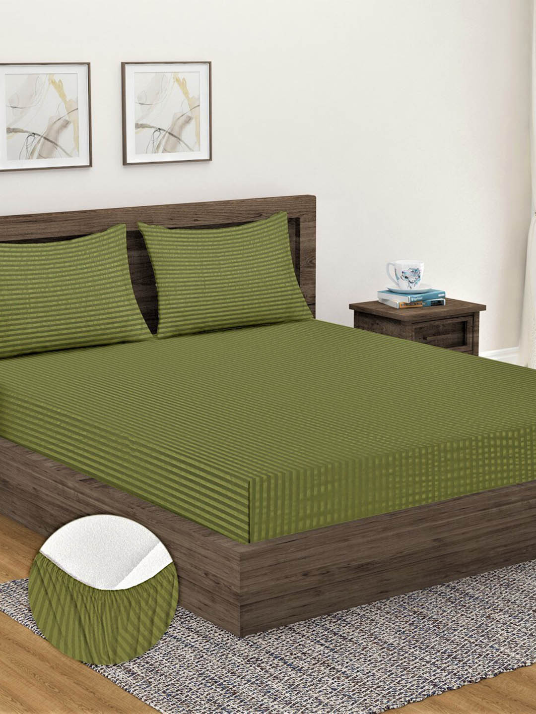 

Fashion String Green Striped 300 TC Cotton Queen Bedsheet with 2 Pillow Covers