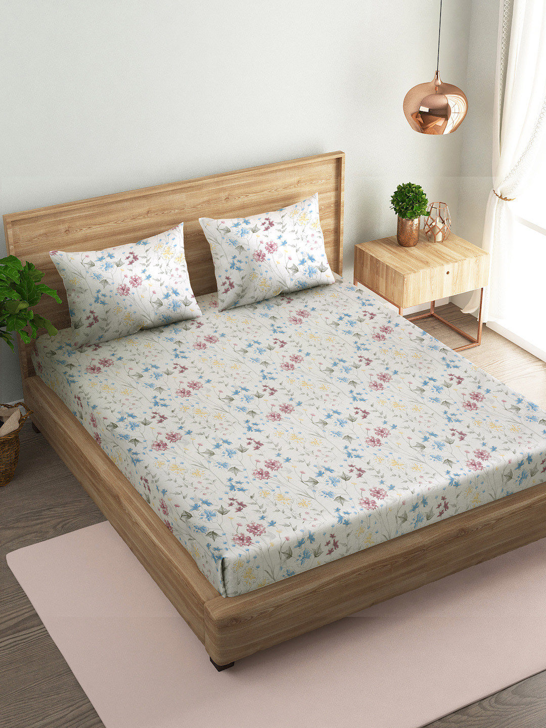 

Naksh White & Blue Floral Cotton 144 TC Queen Bedsheet with 2 Pillow Covers