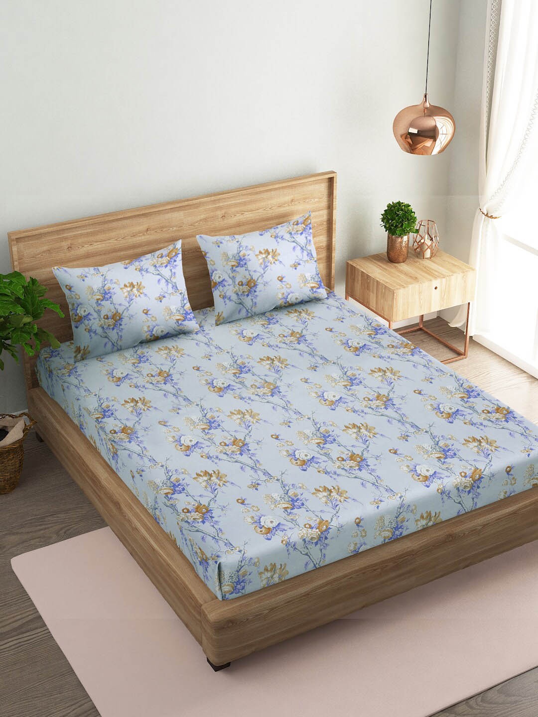 

Naksh Blue & Brown Floral Cotton 144 TC Queen Bedsheet With 2 Pillow Covers
