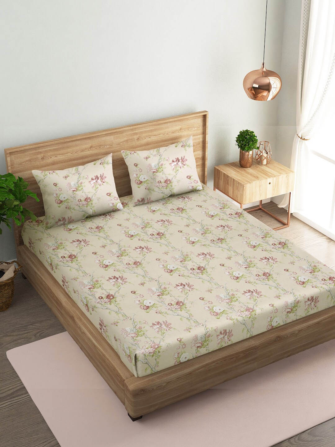 

Naksh Beige & Pink Floral Cotton 144 TC Queen Bedsheet With 2 Pillow Covers