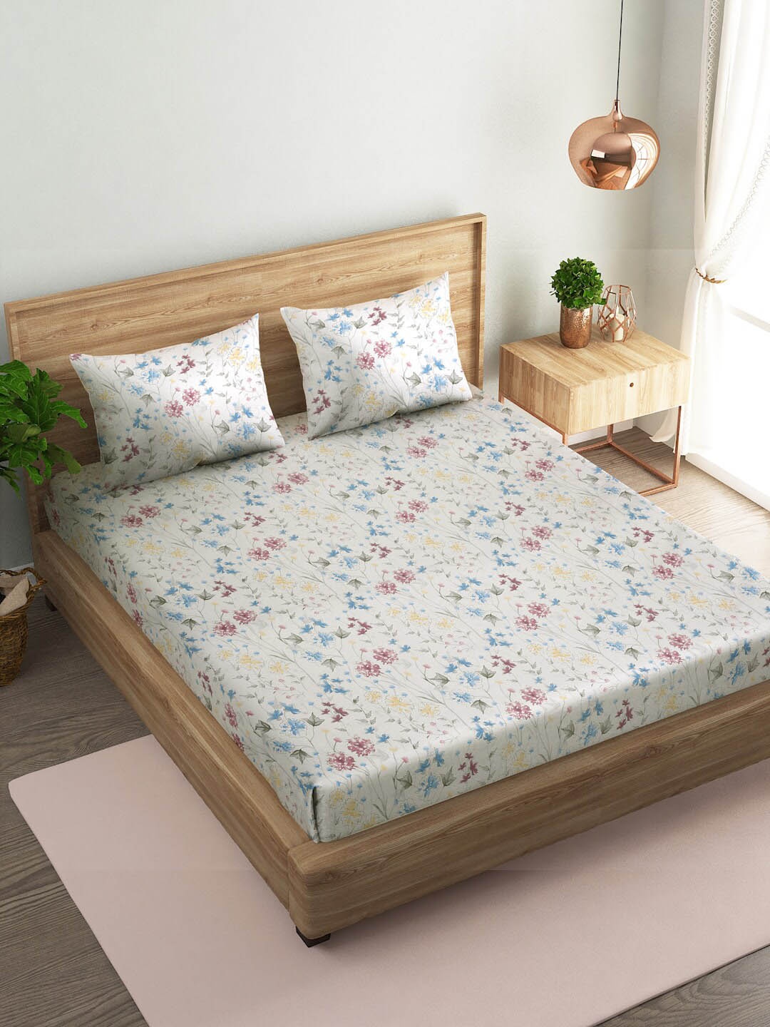 

Naksh White & Blue Floral Cotton 144 TC King Bedsheet With 2 Pillow Covers
