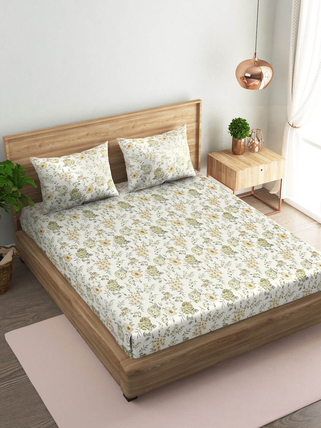 

Naksh White & Green Floral Cotton 144 TC Queen Bedsheet With 2 Pillow Covers