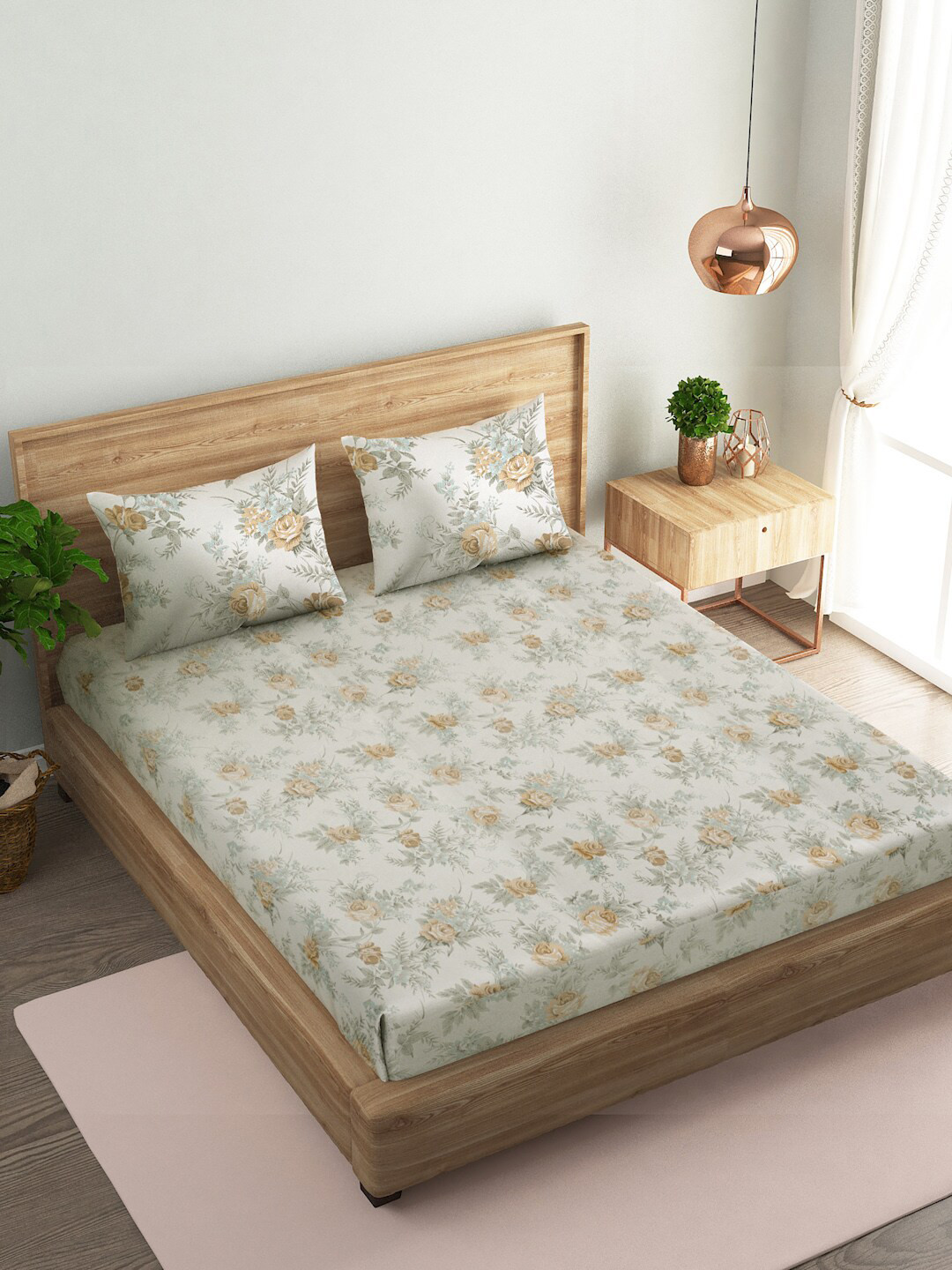 

Naksh White & Yellow Floral Printed Cotton 144 TC Queen Bedsheet with 2 Pillow Covers