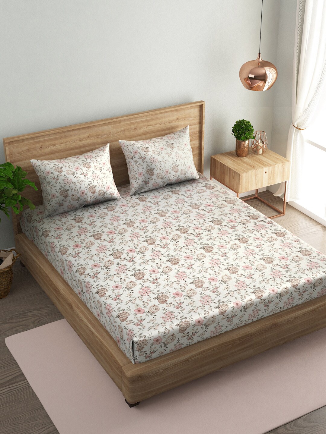 

Naksh White & Pink Floral Cotton 144 TC Queen Bedsheet With 2 Pillow Covers