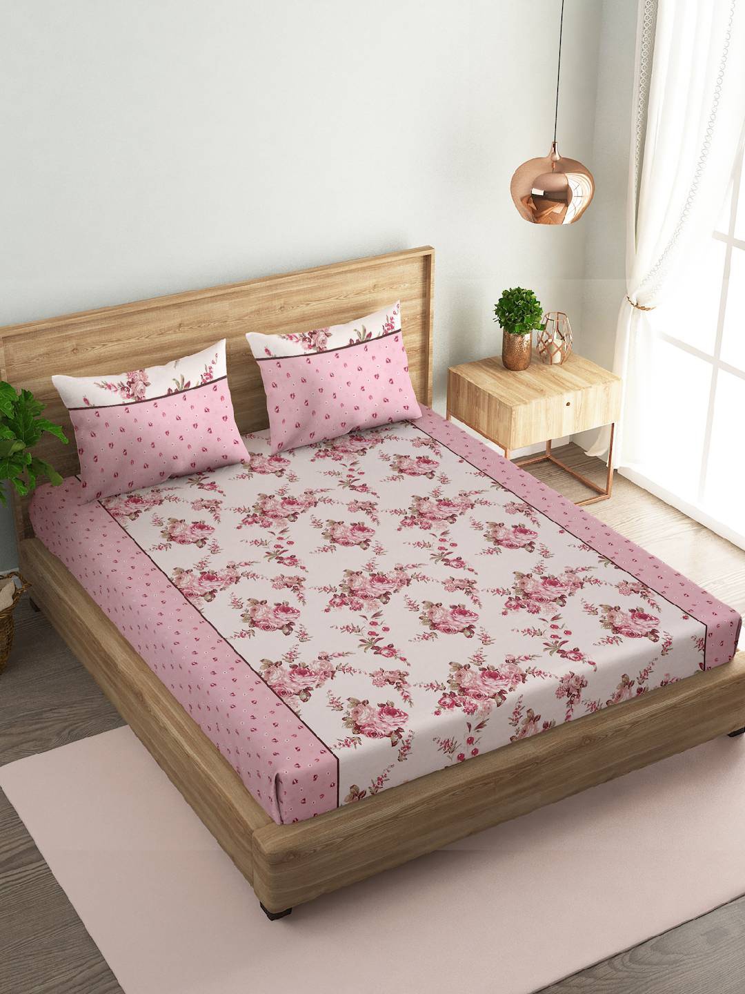

Naksh White & Pink Floral Printed Cotton 186 TC Queen Bedsheet with 2 Pillow Covers