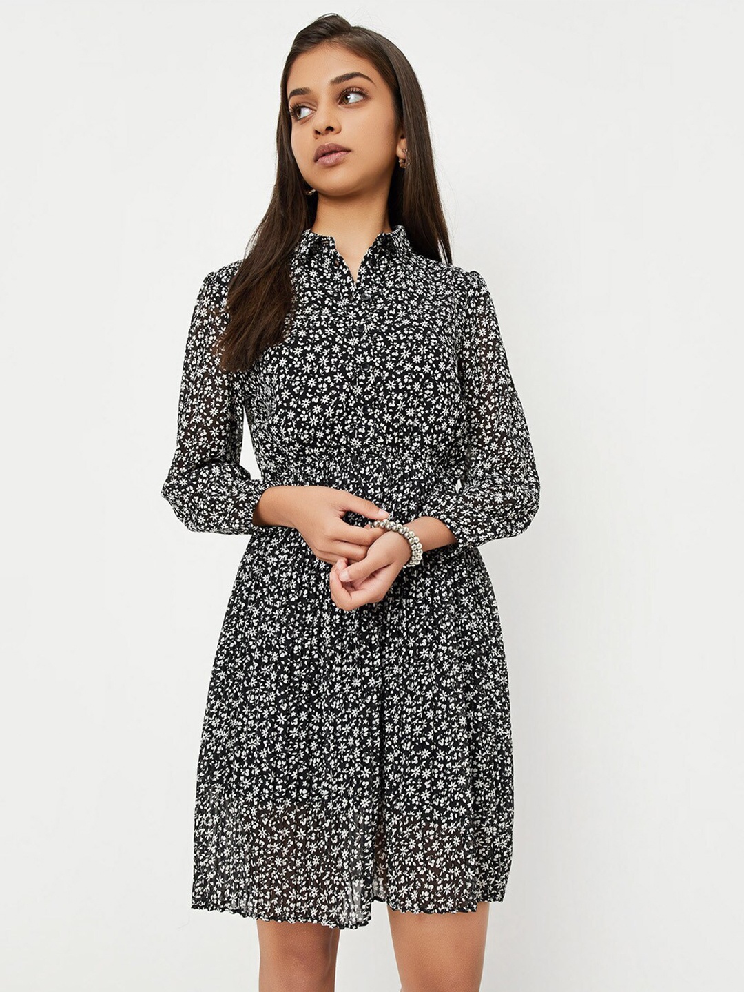 

max Floral Printed Shirt Dress, Black