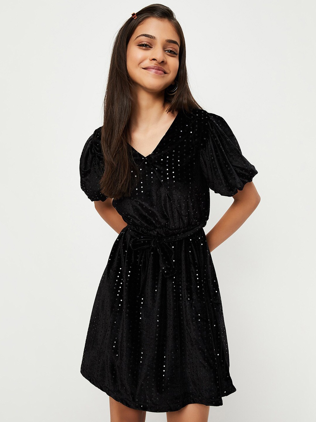 

max Girls Embellished Tie Ups A-Line Dress, Black