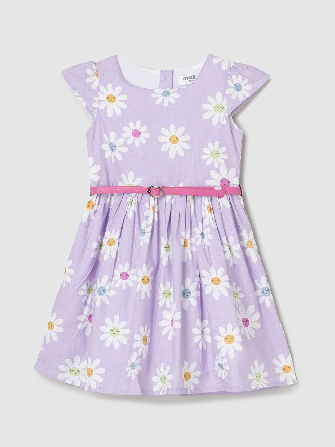 

max Girls Floral Printed Cap Sleeves Pure Cotton Fit & Flare Dress, Purple