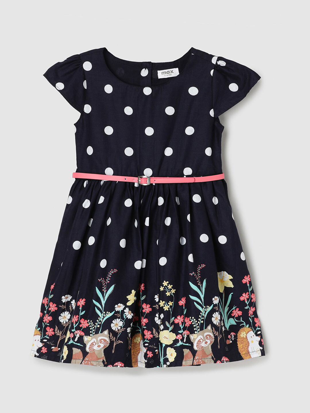 

max Girls Polka Dots Printed Fit & Flare Cotton Dress, Navy blue