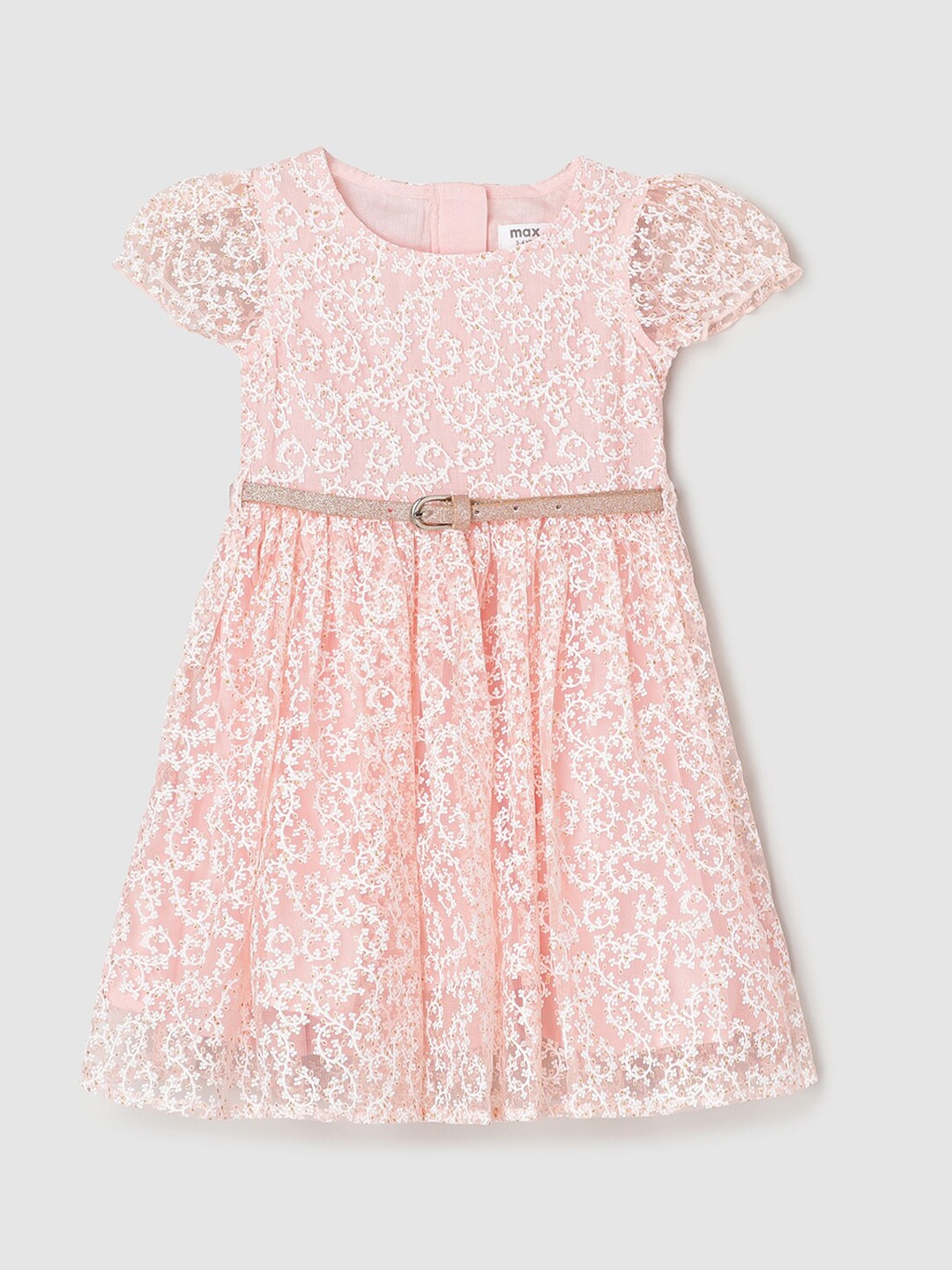 

max Girls Floral Printed Puff Sleeves Fit & Flare Dress, Peach