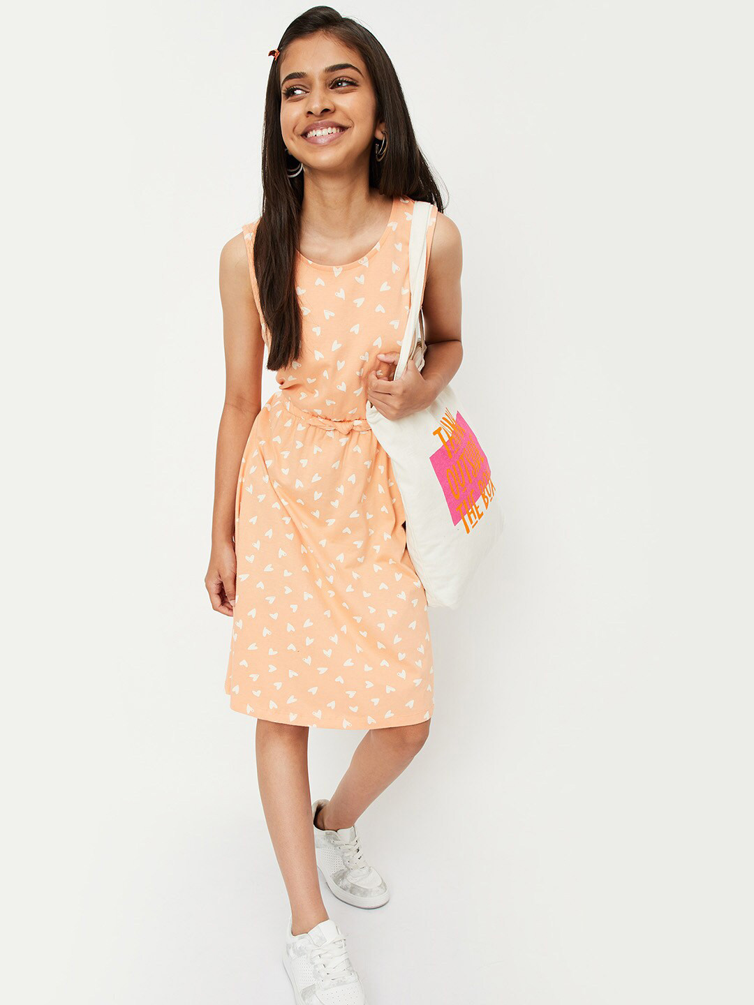 

max Girls Conversational Printed Cotton A-Line Dress, Peach