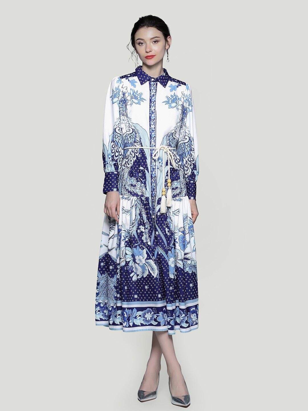 

JC Collection Floral Printed Shirt Collar Shirt Midi Dress, White