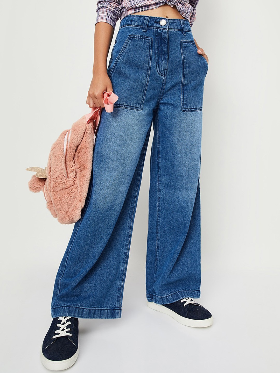 

max Girls Mid-Rise Light Fade Wide Leg Pure Cotton Stretchable Jeans, Blue