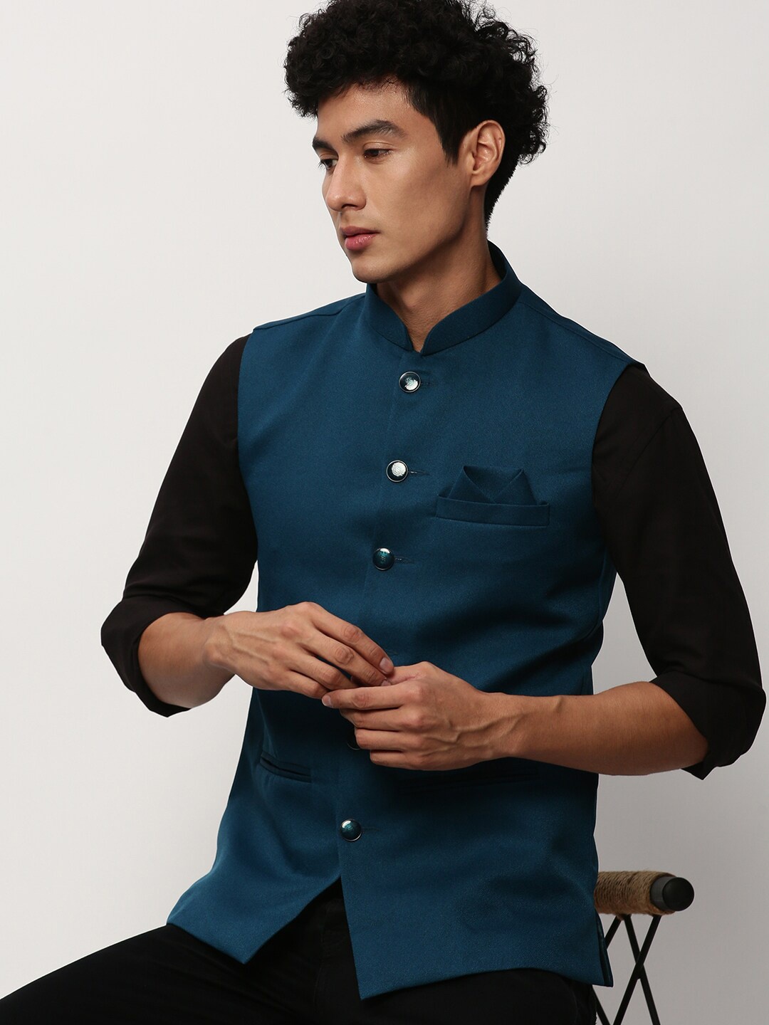 

SHOWOFF Mandarin Collar Nehru Jackets, Teal