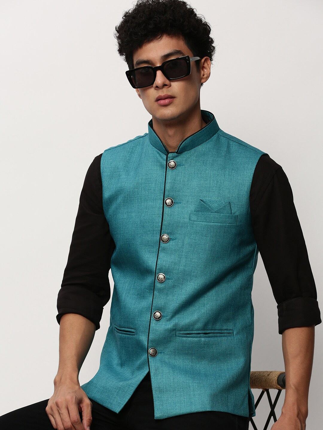 

SHOWOFF Woven Jute Cotton Nehru Jackets, Blue