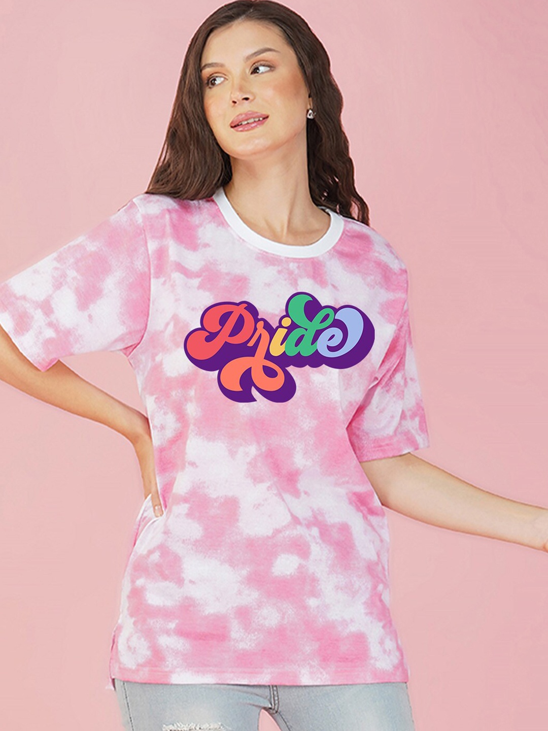 

NUSYL Women Pride Printed Dyed Boxy T-shirt, Pink