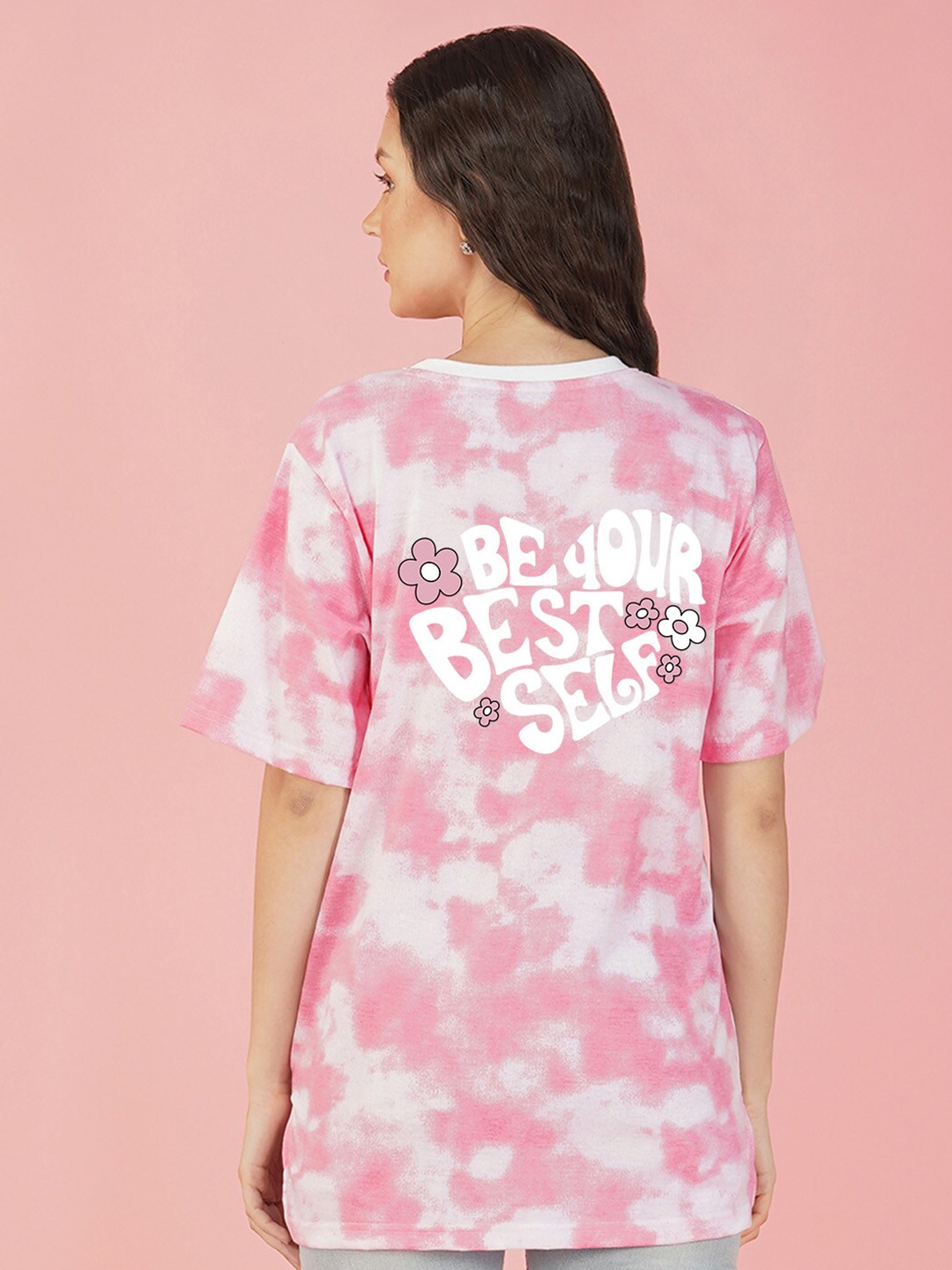 

NUSYL Typography Printed Drop Shoulder Sleeves Boxy T-Shirt, Pink